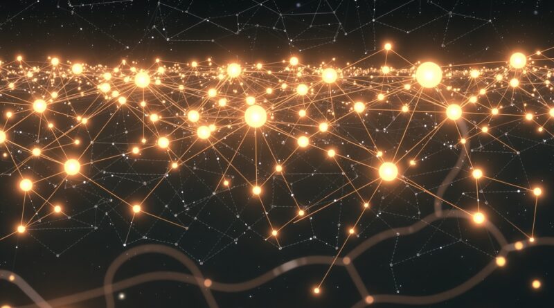 Rozległa sieć węzłów AI (OpenAI, Microsoft, Google, Meta i in.) na tle rozgwieżdżonego nieba, symbolizuje konkurencję i innowacje.