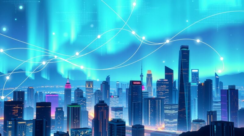 Cyfrowa zorza polarna nad futurystycznym miastem, symbolizująca AI i możliwości LinkedIn w poszukiwaniu pracy.