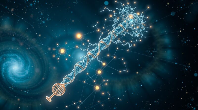 Połączenie sieci neuronowych w symbol Eskulapa na tle galaktyk, symbolizujące medycynę i przepływ wiedzy z DNA.
