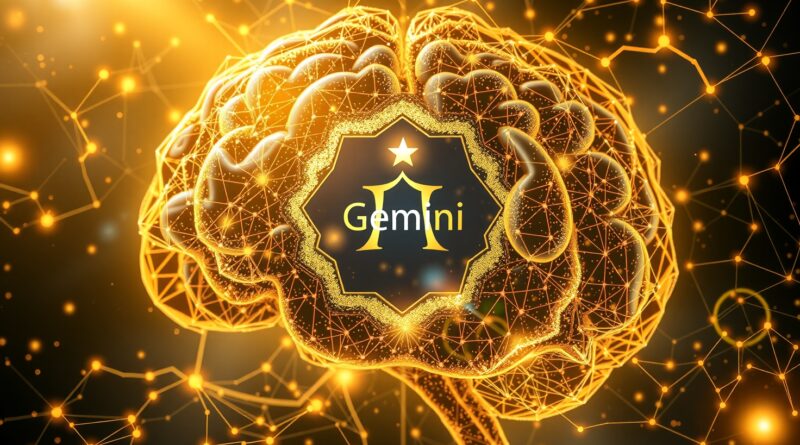 Abstrakcyjna wizja ewaluacji modeli językowych: połączone sieci neuronowe, strumienie danych, gwiazda Gemini, MLflow, złoto.