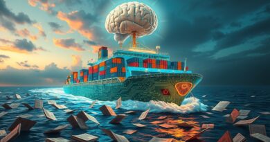 Frachtowiec z cyfrowymi obwodami płynie przez dokumenty zmieniające się w dane, oświetlony przez mózg AI.