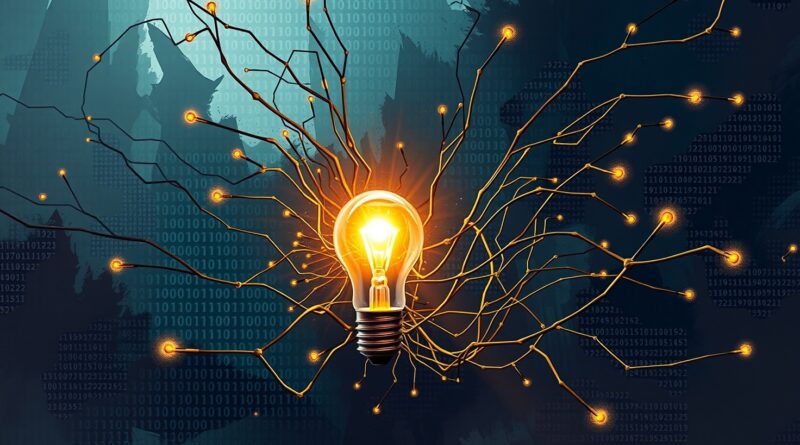 Zapalone żarówka symbolizuje sukces startupu AI Base44 na tle sieci neuronowej.