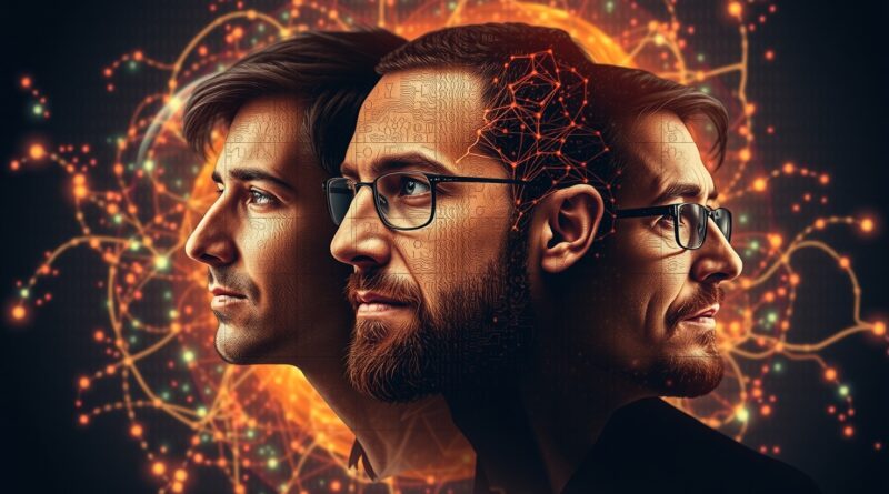 Mozaika cyfrowa: połączone twarze Sutskevera, Grossa i Friedmana w świetlistą sieć neuronową na tle binarnym.