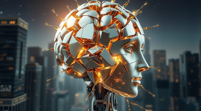 Rozbity, złoty mózg-robot odzwierciedla ludzkie twarze. Rynek AI: wartość i kruchość talentów.