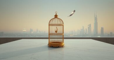 Pusta złota klatka, ulotne pióro, futurystyczne miasta AI w tle symbolizują porażkę Mety.