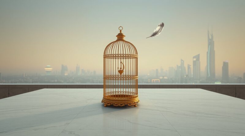 Pusta złota klatka, ulotne pióro, futurystyczne miasta AI w tle symbolizują porażkę Mety.