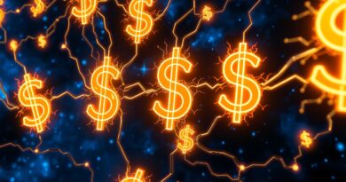 Sieć neuronów tworząca znaki dolara, pulsujące logo Meta na granatowym kosmicznym tle, symbol inwestycji w AI.