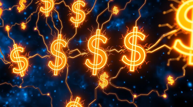 Sieć neuronów tworząca znaki dolara, pulsujące logo Meta na granatowym kosmicznym tle, symbol inwestycji w AI.