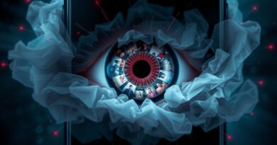 Oko w obiektywie telefonu w chmurze danych. Prywatność pod lupą, AI analizuje zdjęcia.