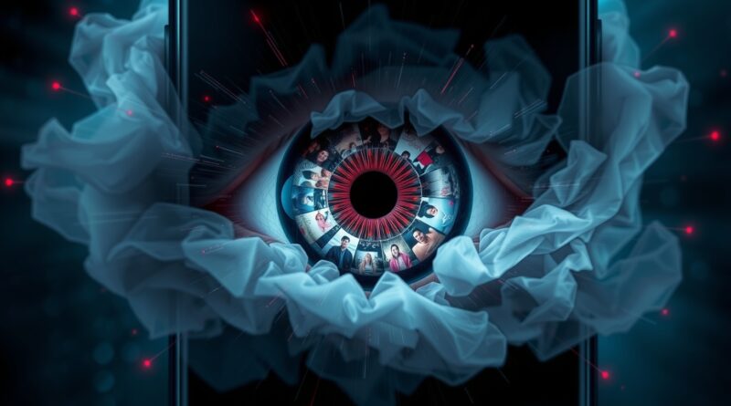 Oko w obiektywie telefonu w chmurze danych. Prywatność pod lupą, AI analizuje zdjęcia.