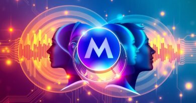 Abstrakcyjna grafika łącząca logo Meta, fale dźwiękowe, profile ludzi i obwody AI.