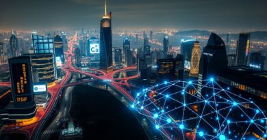 Futurystyczna wizja miasta Metropolis: AI, finanse i autonomiczne pojazdy napędzają miejską infrastrukturę.