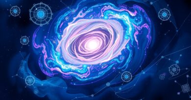 Abstrakcyjna galaktyka w odcieniach niebieskiego, fioletu i zieleni. Konstelacje przypominają mikrochipy.