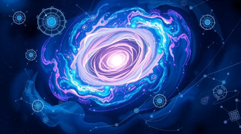 Abstrakcyjna galaktyka w odcieniach niebieskiego, fioletu i zieleni. Konstelacje przypominają mikrochipy.