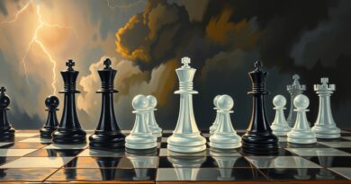 Burzowa szachownica: metaliczne figury Microsoftu atakują kruche, rozpadające się figury OpenAI. Eskalacja konfliktu o AI.