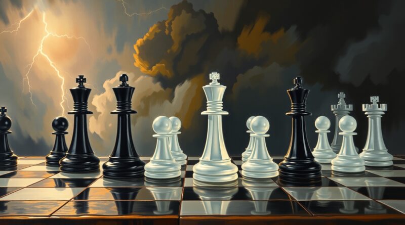 Burzowa szachownica: metaliczne figury Microsoftu atakują kruche, rozpadające się figury OpenAI. Eskalacja konfliktu o AI.