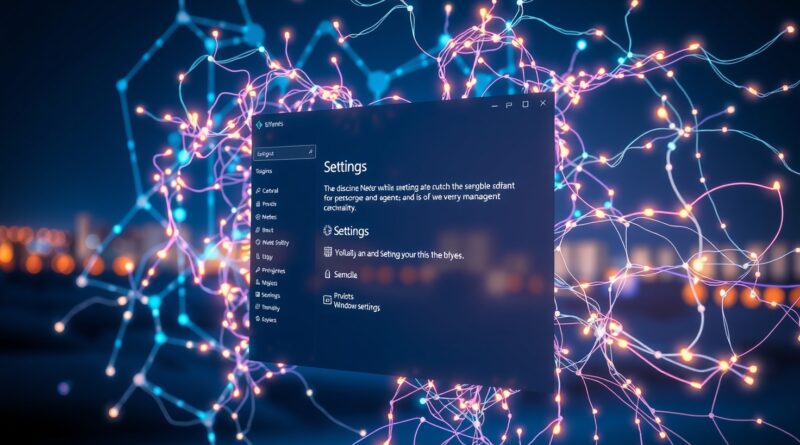 Świecąca sieć neuronowa w ustawieniach Windows symbolizuje integrację AI ("Mu"), rewolucjonizującą interakcję z systemem.