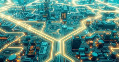 Futurystyczna płyta główna symbolizuje AI MiniMax-M1, przetwarzającą długi kontekst i otwierającą drogę do skalowalnej sztucznej inteligencji.