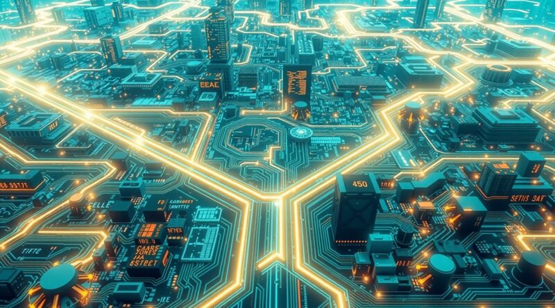 Futurystyczna płyta główna symbolizuje AI MiniMax-M1, przetwarzającą długi kontekst i otwierającą drogę do skalowalnej sztucznej inteligencji.