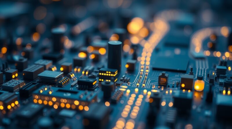 Mikroprocesor jako miniaturowe miasto nocą, symbol precyzji i stabilności modelu Mistral Small 3.2.