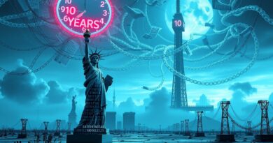 Rozpadająca się Statua Wolności, kod binarny, cyfrowa apokalipsa symbolizująca dziesięcioletnie moratorium na regulacje AI w USA.