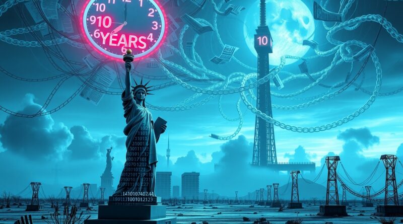 Rozpadająca się Statua Wolności, kod binarny, cyfrowa apokalipsa symbolizująca dziesięcioletnie moratorium na regulacje AI w USA.