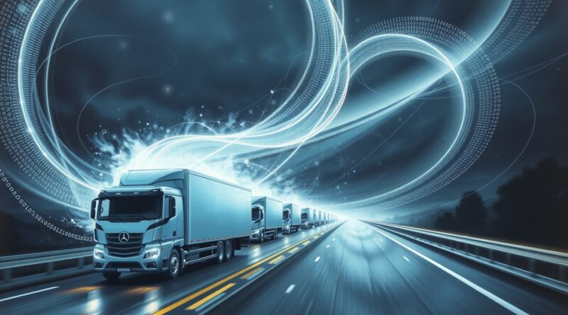 Ochronna tarcza z kodu binarnego otacza futurystyczne ciężarówki, symbolizując AI zwalczające oszustwa flotowe.