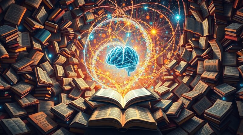 Wirująca galaktyka z książek i danych symbolizuje otwarty zbiór danych do treningu AI.