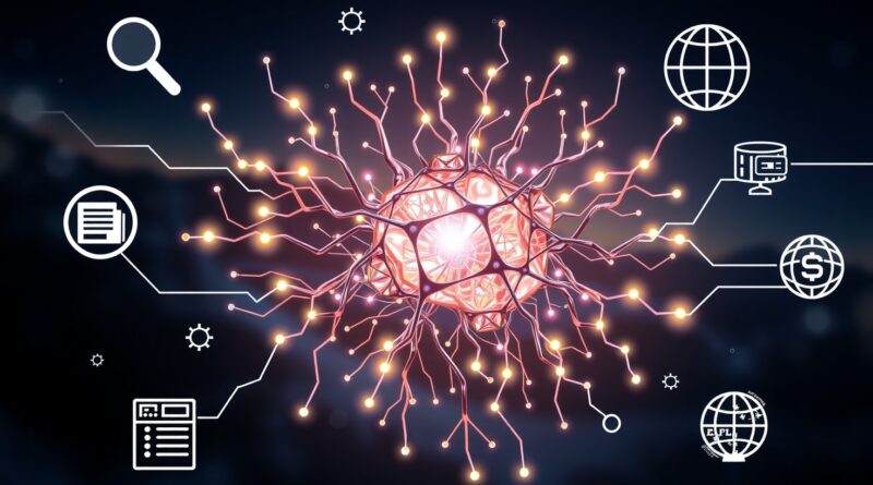 Abstrakcyjne przedstawienie agenta AI: świetlisty neuronowy rdzeń, strumienie danych, ikony narzędzi, futurystyczna elegancja.