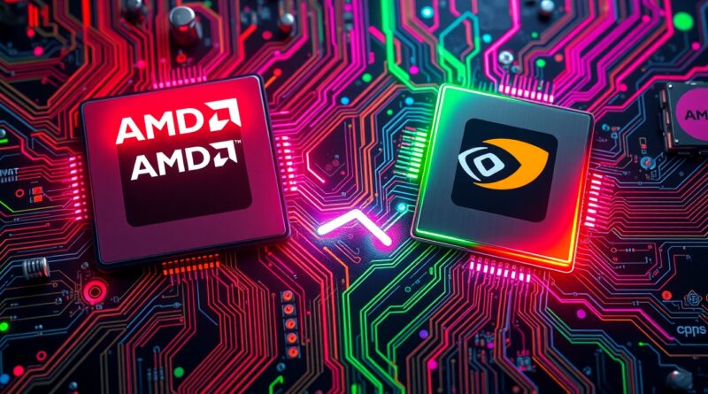 Abstrakcyjna płyta główna z przepływem danych między chipami AMD (czerwony) i Nvidia (zielony). Konkurencja na rynku AI.