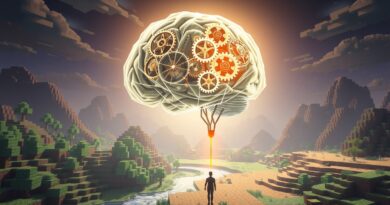 Świecący mózg z zębatkami w krajobrazie Minecraft, symbolizujący ewolucję i ograniczenia AI.