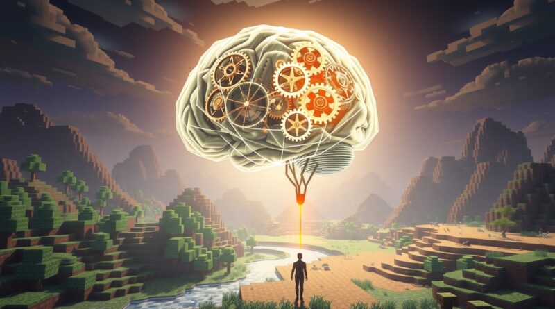 Świecący mózg z zębatkami w krajobrazie Minecraft, symbolizujący ewolucję i ograniczenia AI.