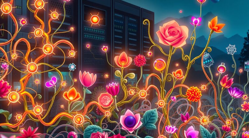 Kwitnący cyfrowy ogród AI: obwody pnące się wśród futurystycznych form, symbolizujące ekspansję Nvidii.