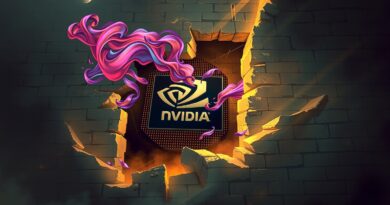 Pęknięty mikrochip Nvidii za murem, symbol restrykcji i wyzwań chińskiej AI.