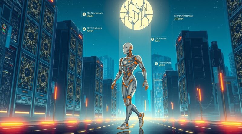 Futurystyczne miasto serwerów, robot z procesorami AI, holograficzne dane, cyberpunkowa elegancja; wizja Nvidii.