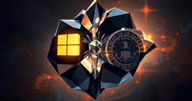 Rozszczepiona kryształowa struktura OpenAI odbija logo Microsoftu i Departamentu Obrony USA na tle mgławicy.