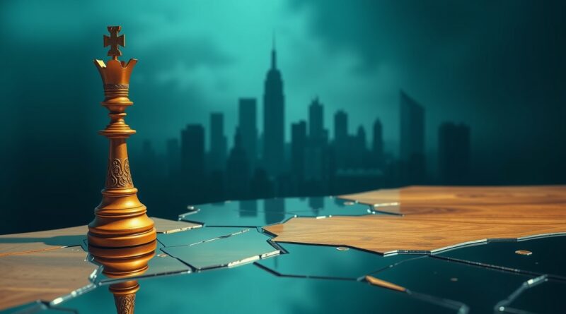 Szachowy król na krawędzi rozbitego lustra, odbijający zniekształcone miasto. Metafora kruchości bezpieczeństwa AI.