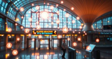 Sieć węzłów symbolizująca agentów AI obsługujących klientów na lotnisku; styl Art Nouveau.