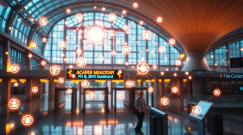 Sieć węzłów symbolizująca agentów AI obsługujących klientów na lotnisku; styl Art Nouveau.