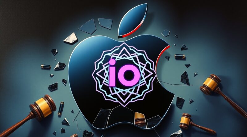Roztrzaskane logo Apple, odbicie logo OpenAI, w tle symbole sporu o znak towarowy "io".