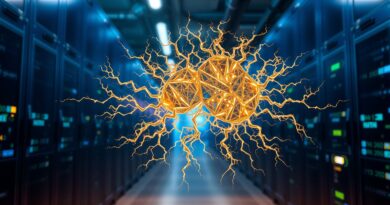 Abstrakcyjna fraktalna sieć neuronowa złoto-niebieska, nałożona na rozmyty krajobraz centrum danych.