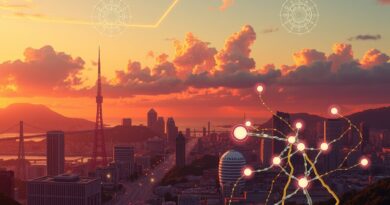 Futurystyczne San Francisco, zachód słońca, obwody w chmurach, pulsujący neuron. Symbolika DevDay 2025.