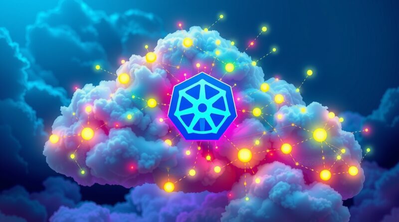 Abstrakcyjna wizja chmury, agentów AI i Kubernetes, symbolizująca optymalizację kosztów chmurowych.