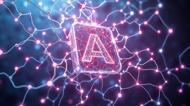 Neuralna sieć i logo Adobe splecione w futurystyczny kryształ wiedzy, optymalizacja treści pod AI.