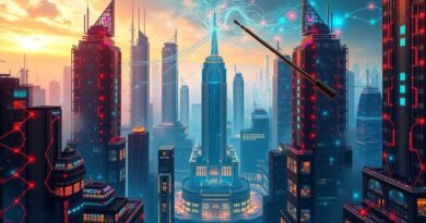 Surrealne miasto z wieżowców-sieci neuronowych, dyrygent orkiestruje przepływ danych. Orkiestracja AI.