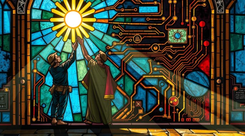 Witraż: obwód drukowany, robotnicy sięgający do światła cyfrowego kodu, łza. Melancholia, nadzieja, technologia.