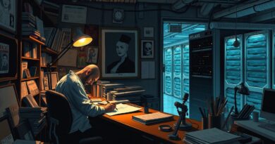 Artysta rysuje w studiu, w tle serwerownia AI. Kontrast człowieczeństwa i chłodnej technologii.