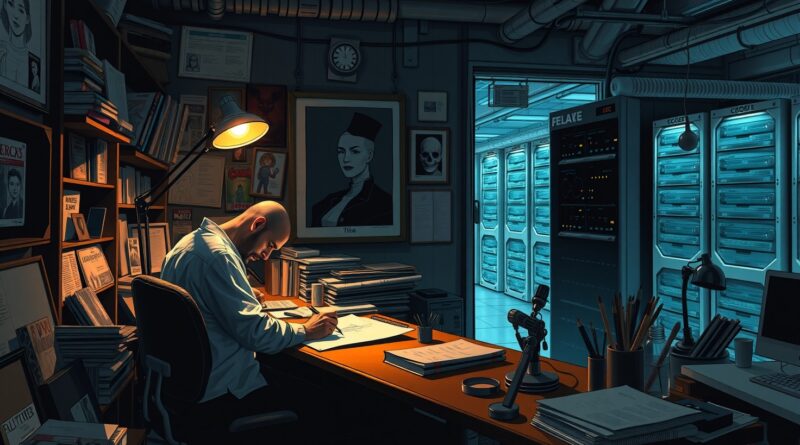 Artysta rysuje w studiu, w tle serwerownia AI. Kontrast człowieczeństwa i chłodnej technologii.