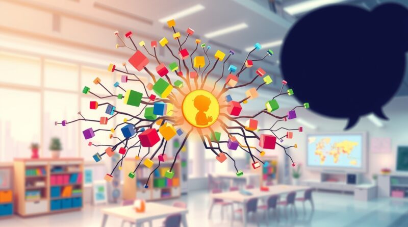 Kolorowa sieć neuronowa otacza sylwetkę dziecka w sercu transformującej, personalizowanej edukacji.