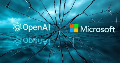 Popękane lustro odbija logo OpenAI i Microsoft, symbolizując napięcia i kruchość sojuszu.